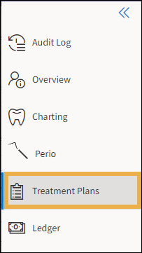 Dental Chart menu with yellow highlight box around Treatment Plans.